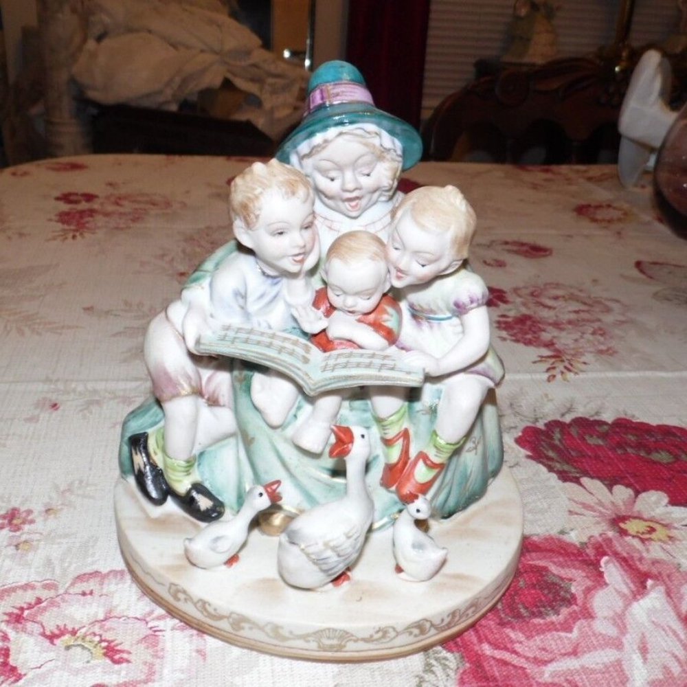 VINTAGE SHAFFORD BISQUE PORCELAIN HANDPAINTED LADY SINGING WITH CHILDREN GEESE